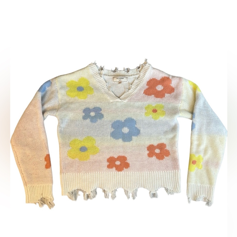 ✨5/$25 No Comment Girls Frayed Daisy Sweater Size L (14)